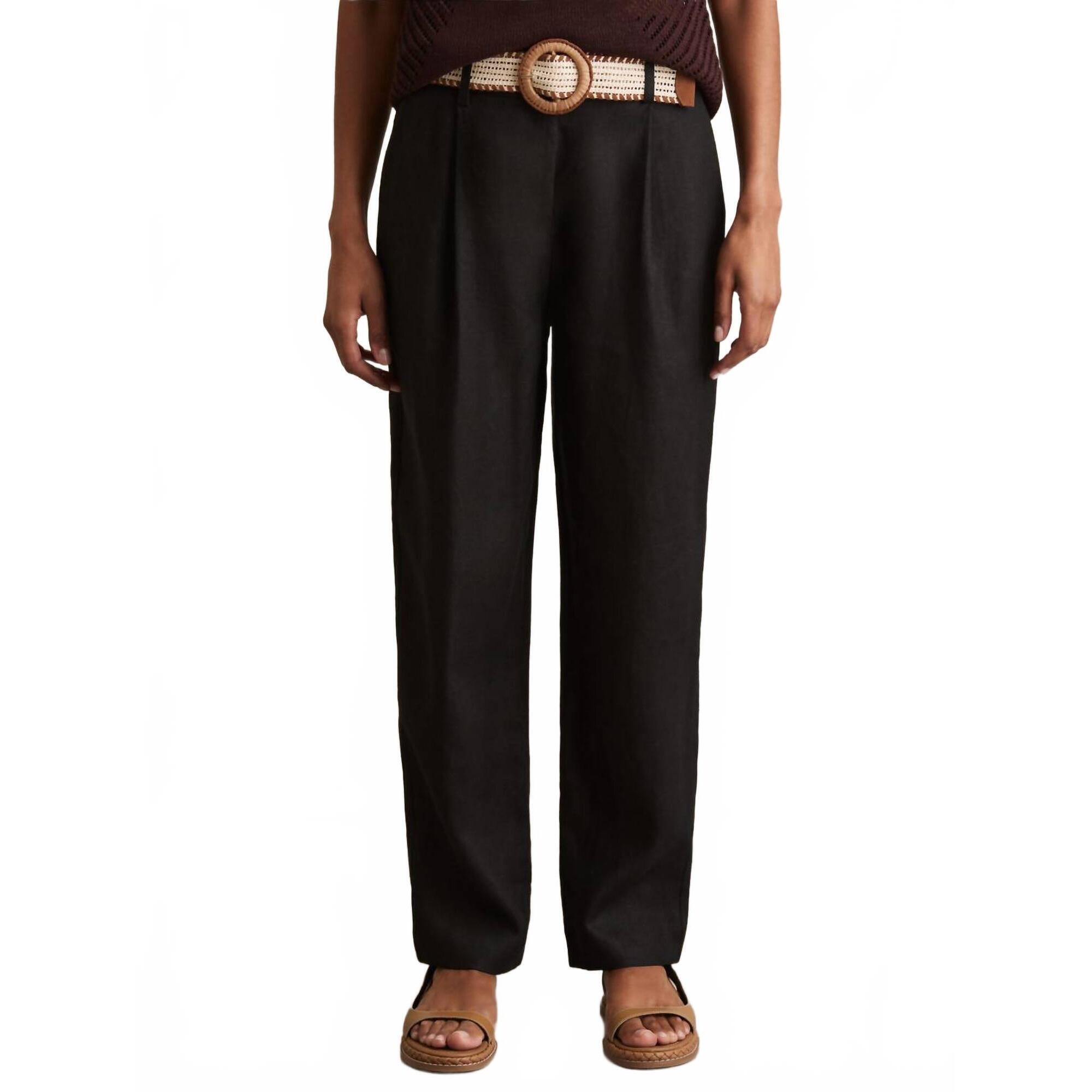 New Reiss Beau Linen Belted Tapered Trousers In Black